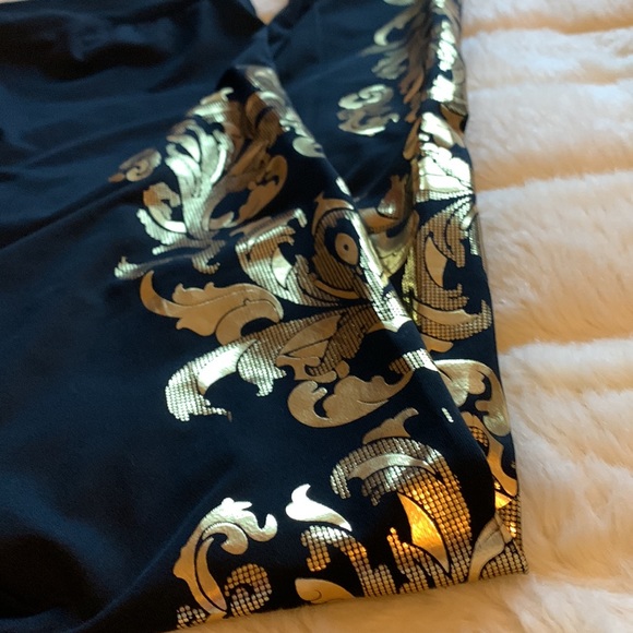 Y2k gold metallic foil filigree black leggings skinny pants M - Picture 13 of 13